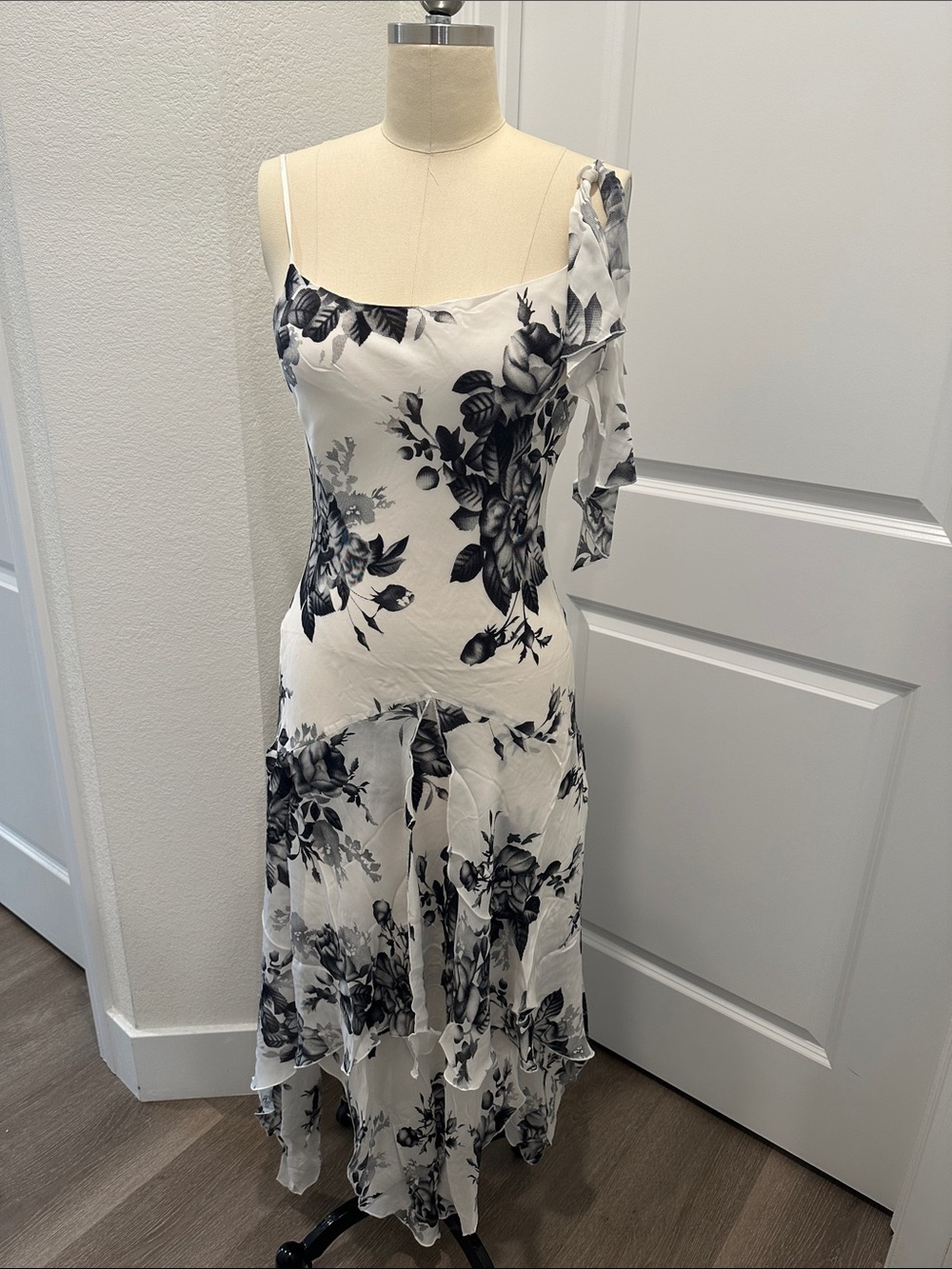 White and Black Floral Asymmetric Slip Dress fairy boho silk euro y2k Deadstock